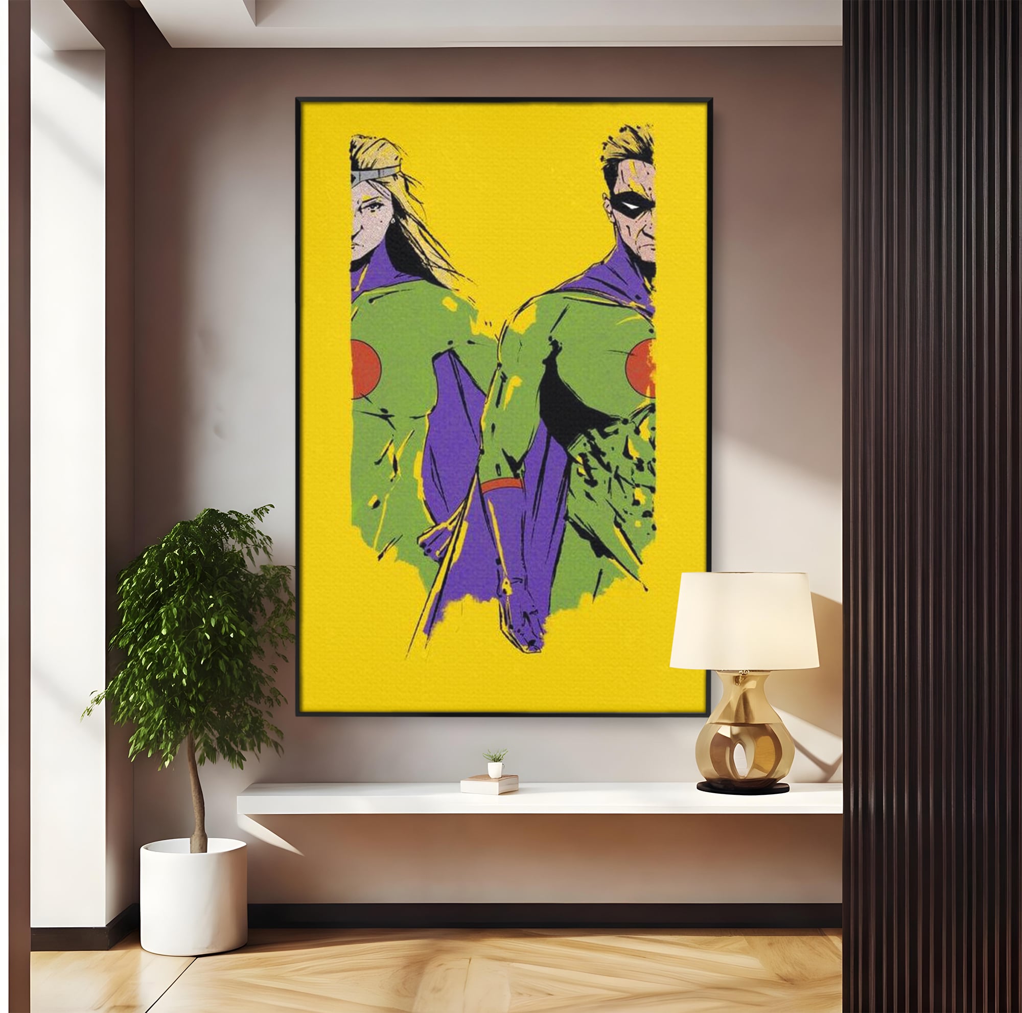Tablou canvas cu tablou canvas cu doi supereroi pe fundal galben, in rama de aluminiu negru